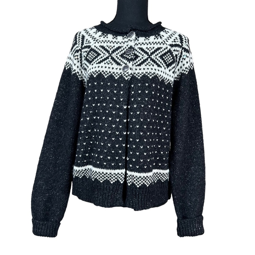 Maurices Black White Fair Isle Wool Blend Button Cardigan Sweater Size XL